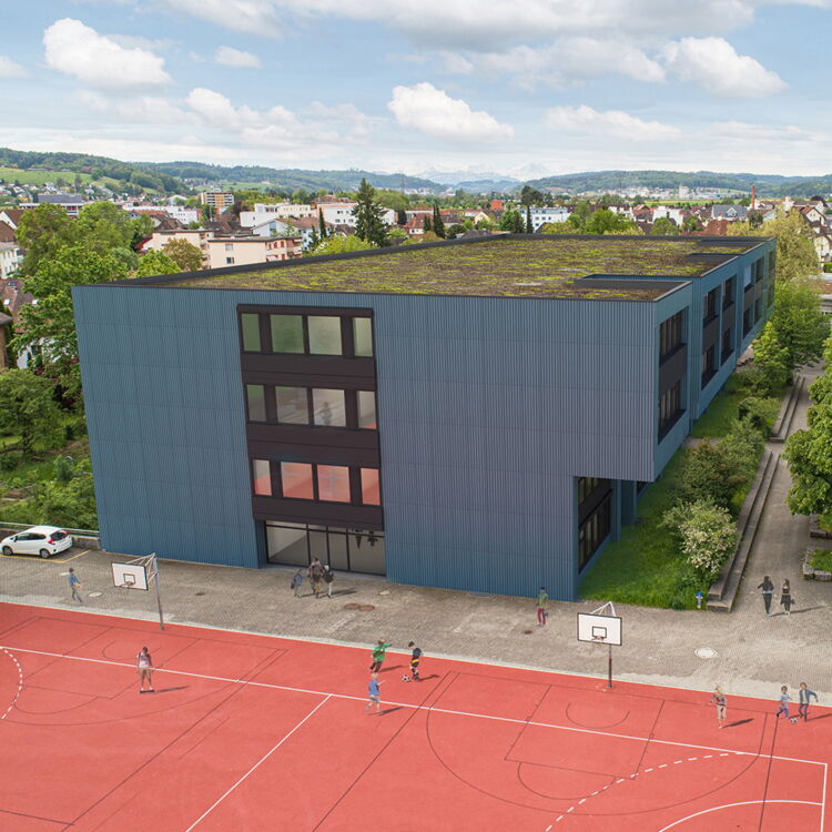 Blaues Oberstufenschulhaus Visualisierung Schule Entfelden